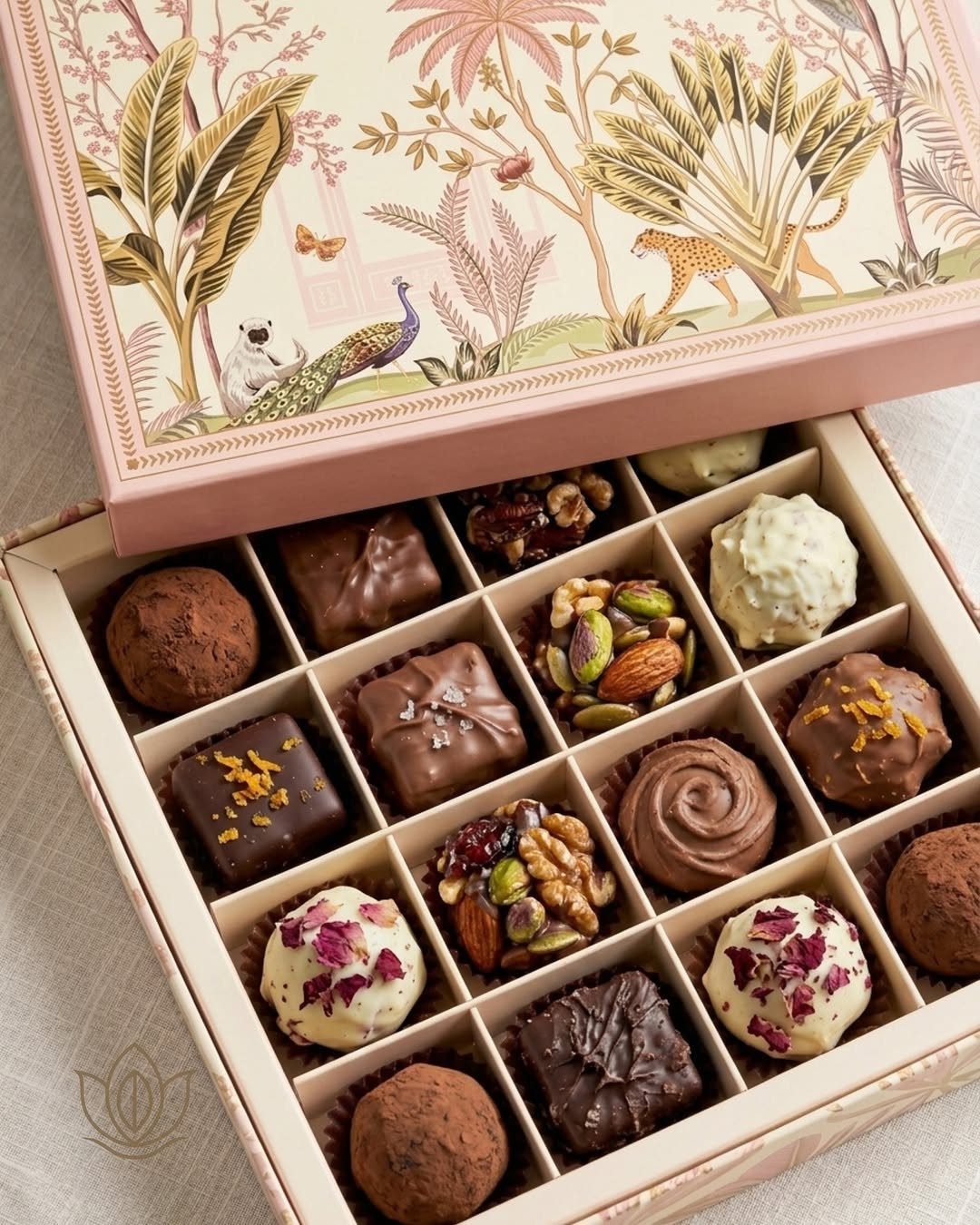 Assorted gourmet chocolate truffles in a decorative illustrated gift box