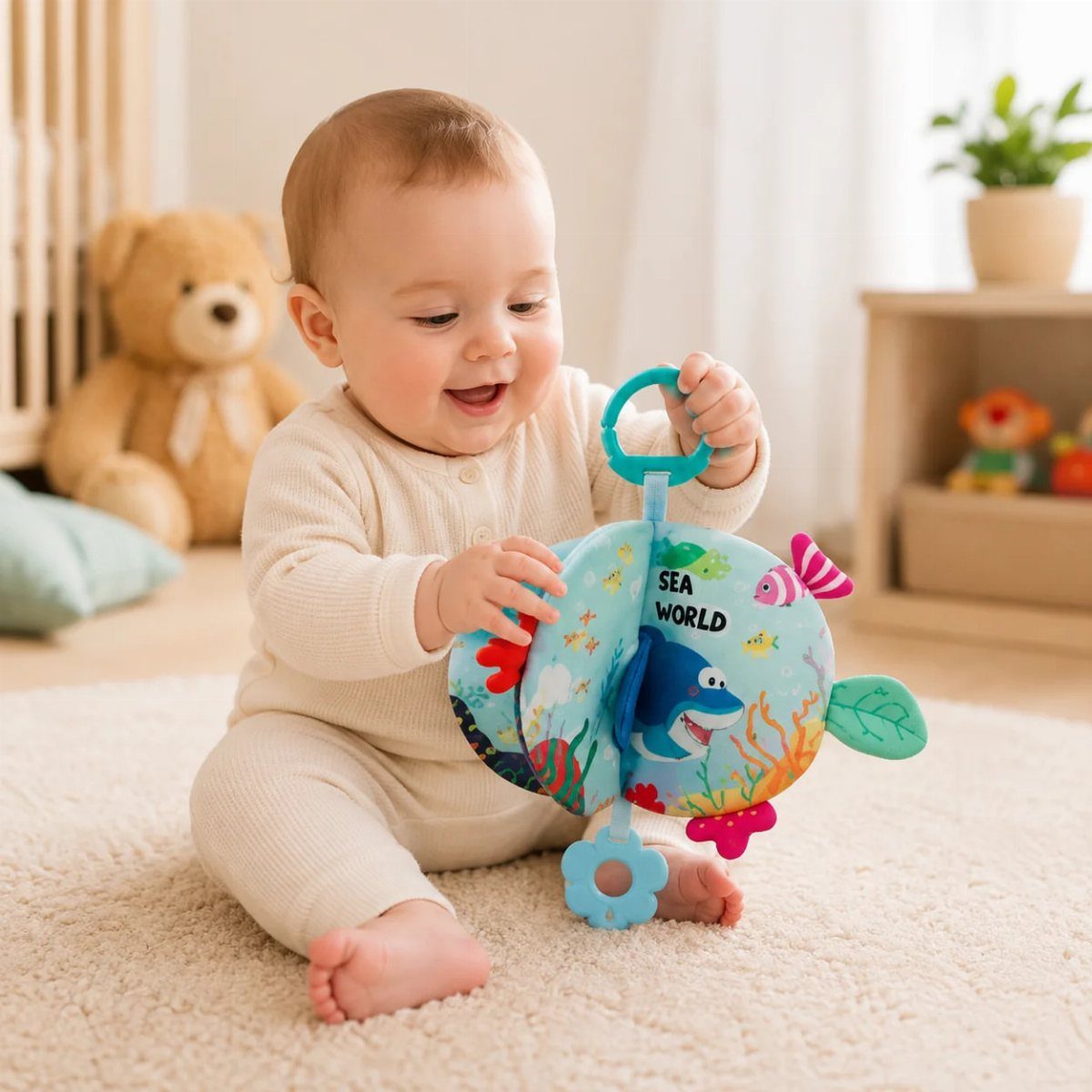 Baby sitting on a rug playing with a colorful sea world crinkle toy.