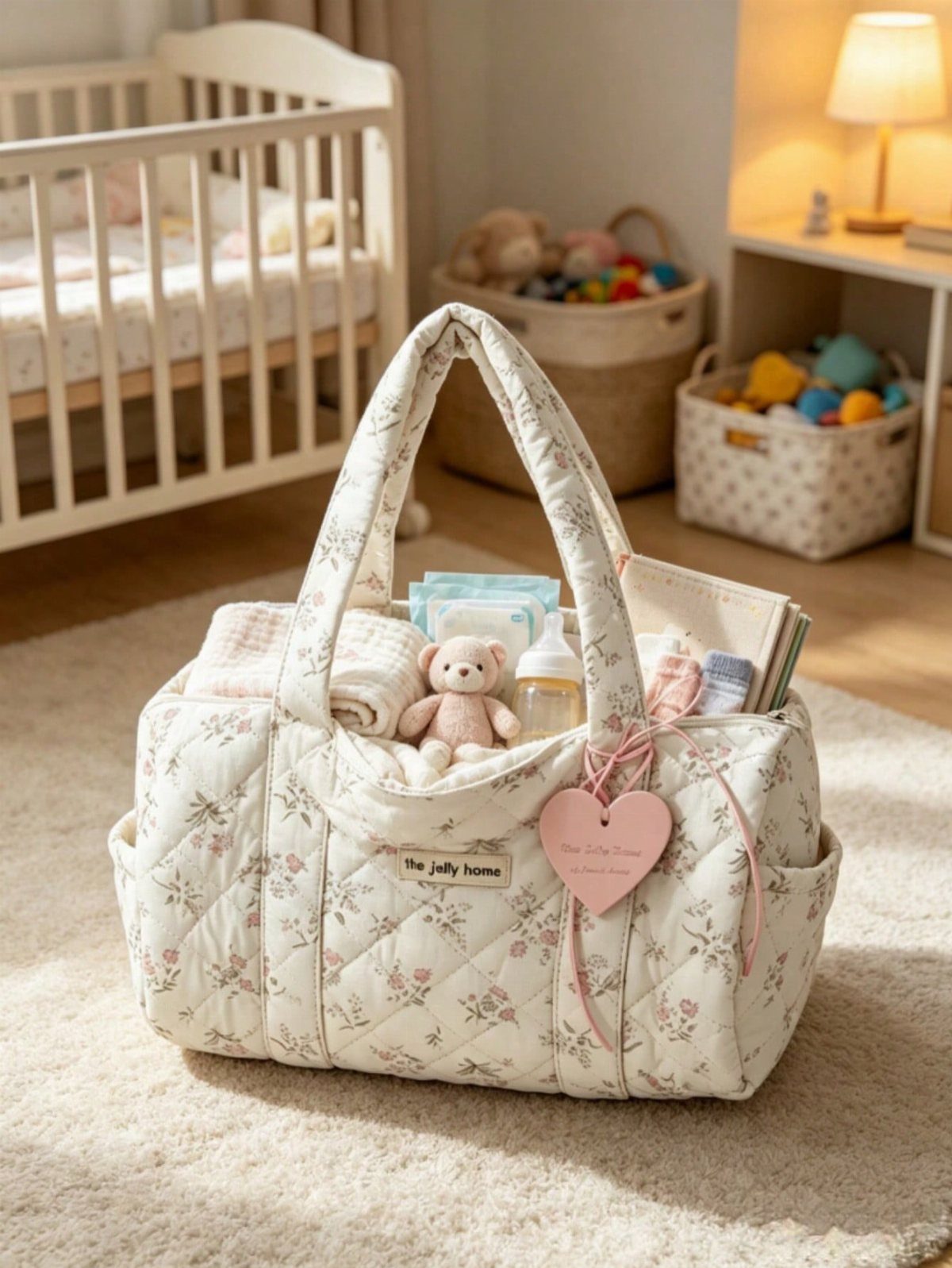 Floral quilted diaper bag filled with baby essentials on a white rug.