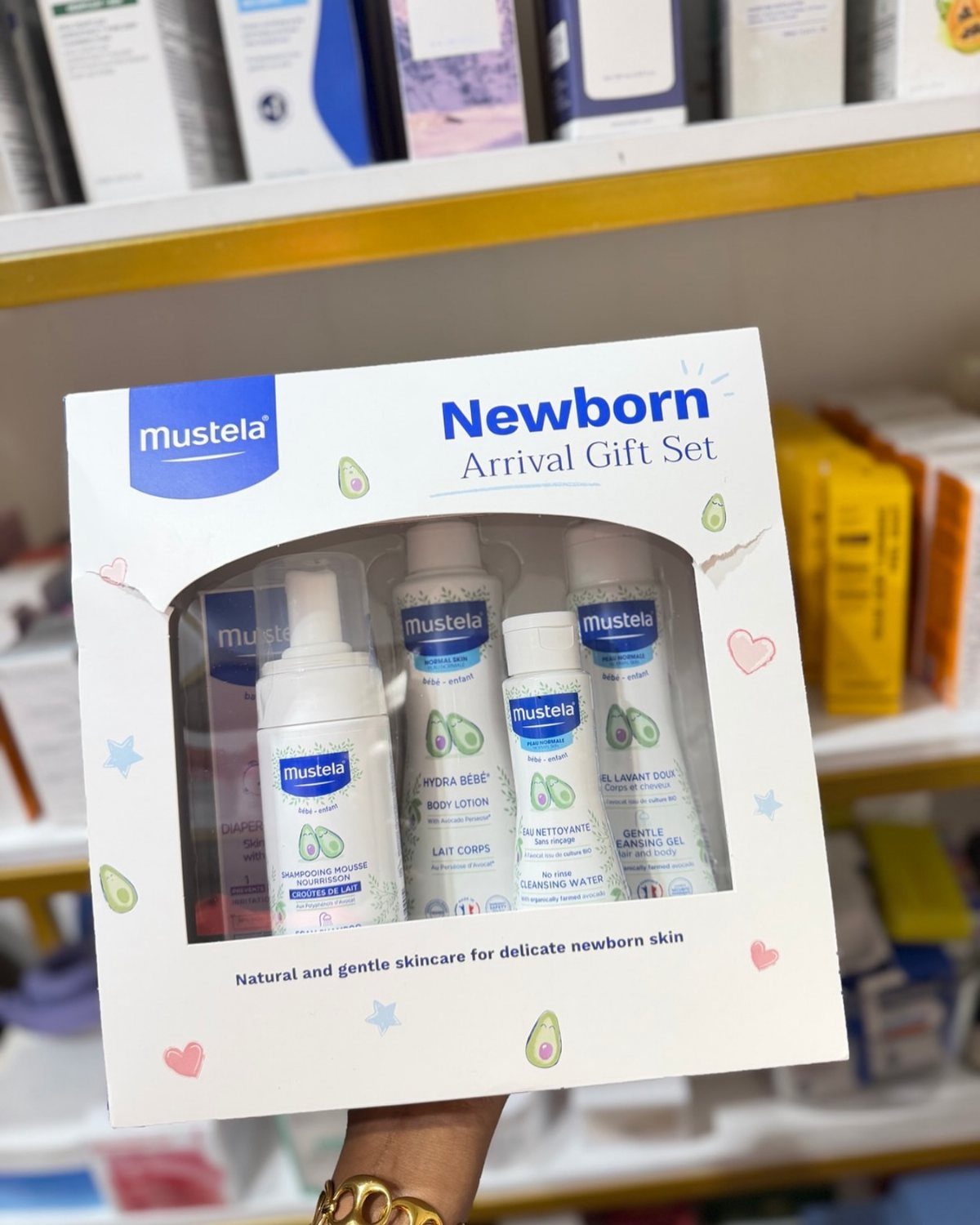 Mustela Newborn Arrival Gift Set containing four skincare bottles in a white box.