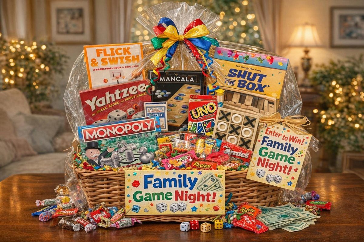 Wicker gift basket filled with board games and candy for family game night.