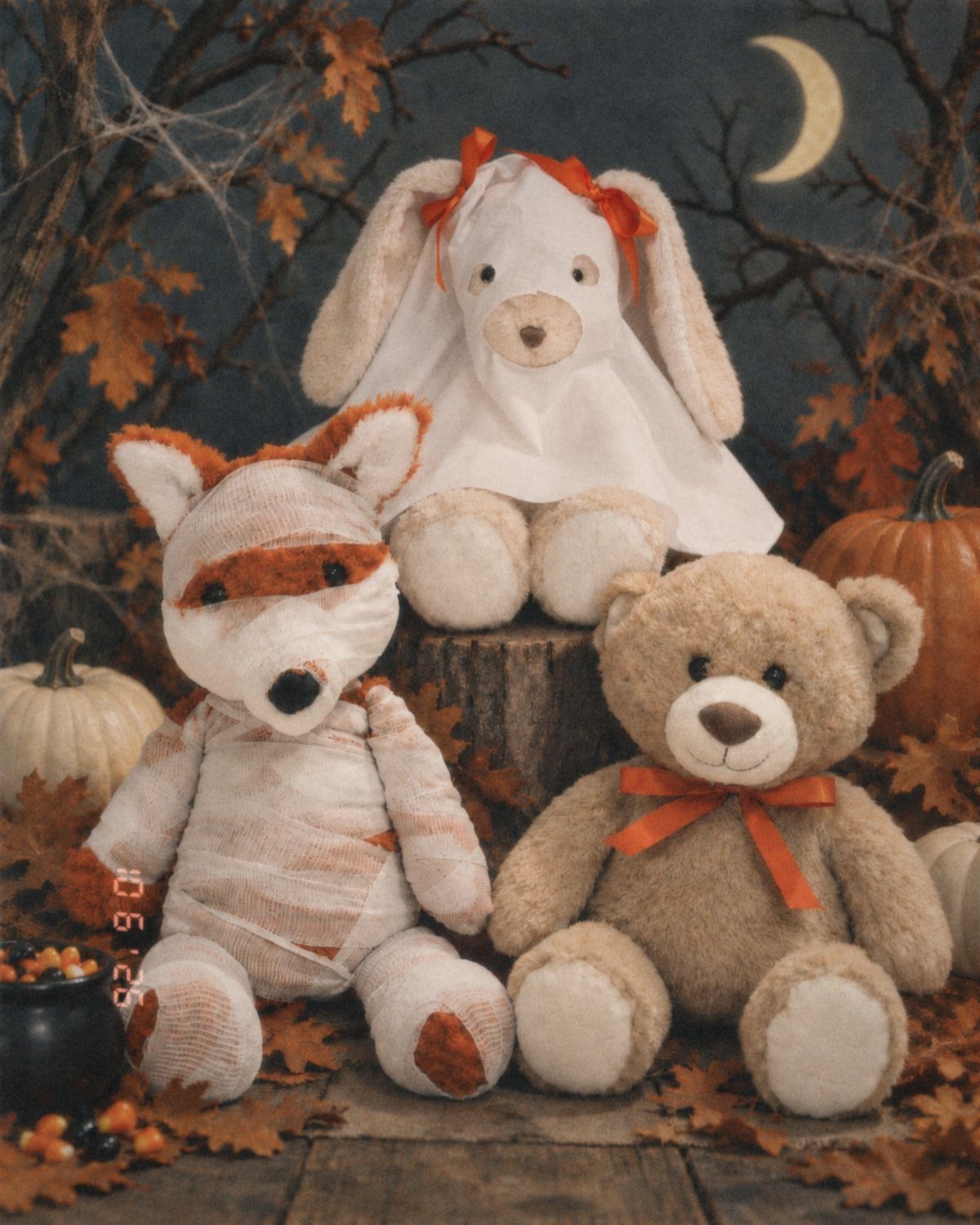 Three Halloween plush toys including a mummy fox and ghost bunny among autumn leaves.