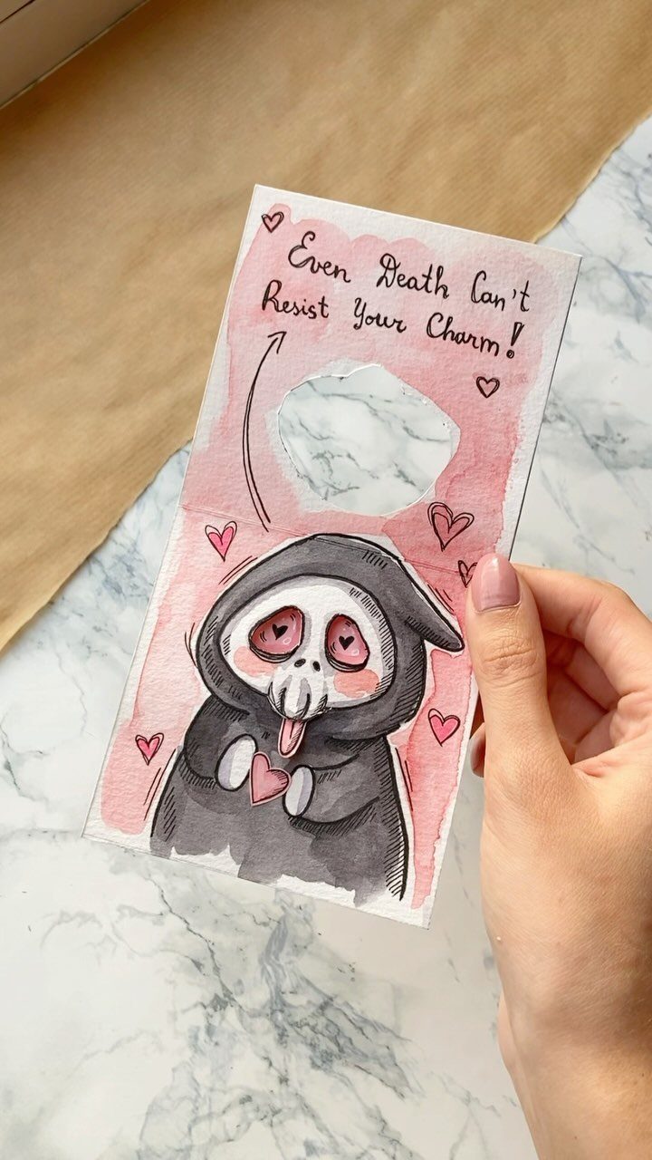 Handmade Halloween card with a cute grim reaper illustration and romantic text.