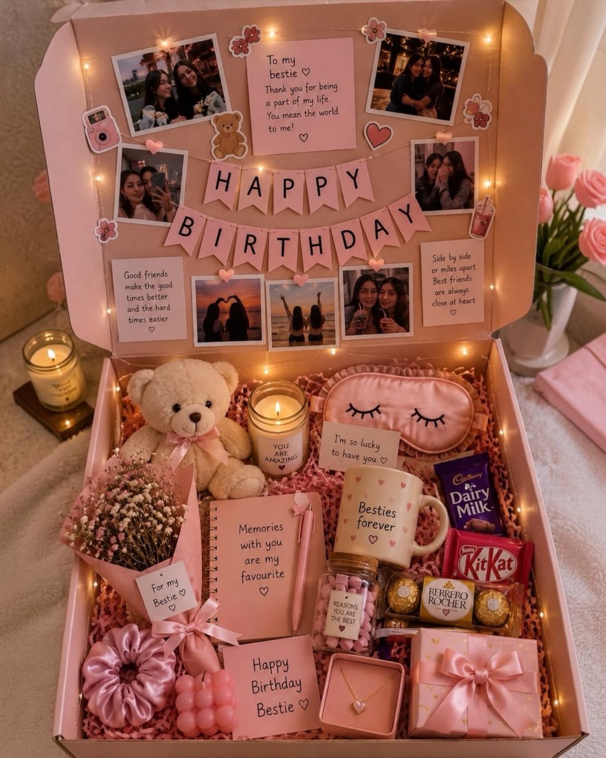 Pink birthday bento box filled with candy, a teddy bear, and personalized photos.