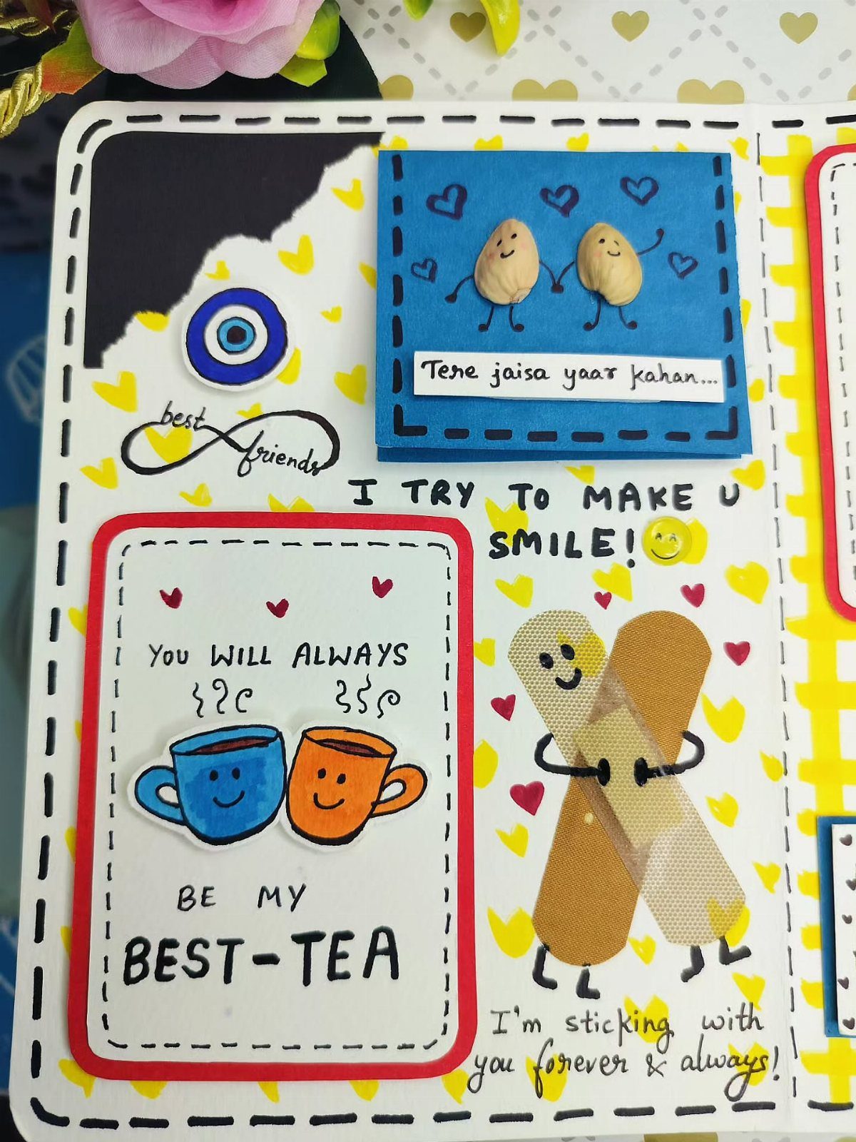 Handmade scrapbook page with cute drawings and messages for a best friend.