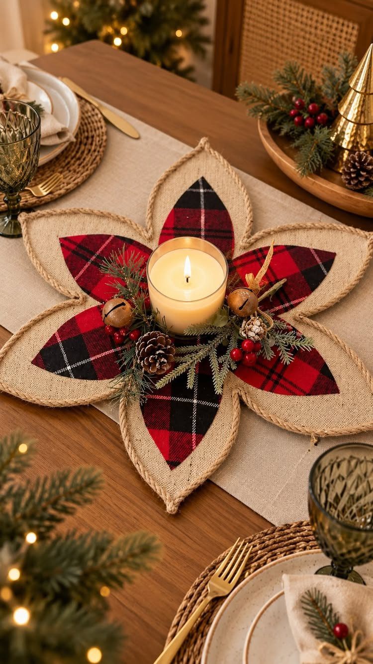Star-shaped burlap and red plaid placemat with a lit candle and winter greenery