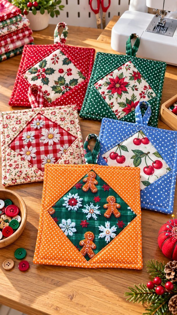 Handmade fabric pot holders with festive holiday patterns on a wooden crafting table