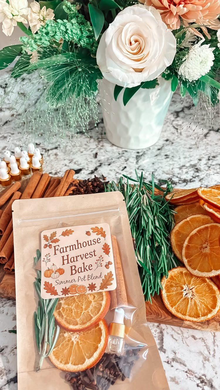 Handmade gift bag with dried oranges and cinnamon sticks for a simmer pot blend