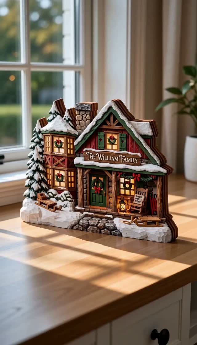 Miniature snow-covered house figurine with The William Family sign on a wooden counter