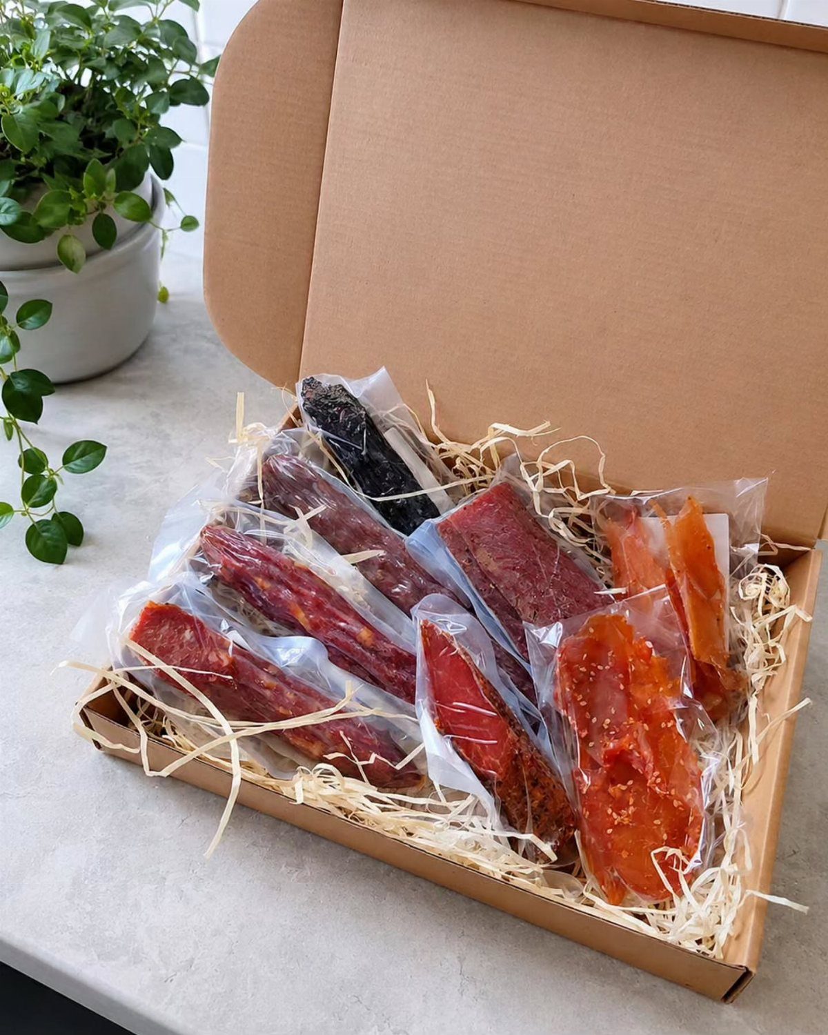 Assorted vacuum-sealed meat jerky packages arranged in a cardboard gift box with straw.