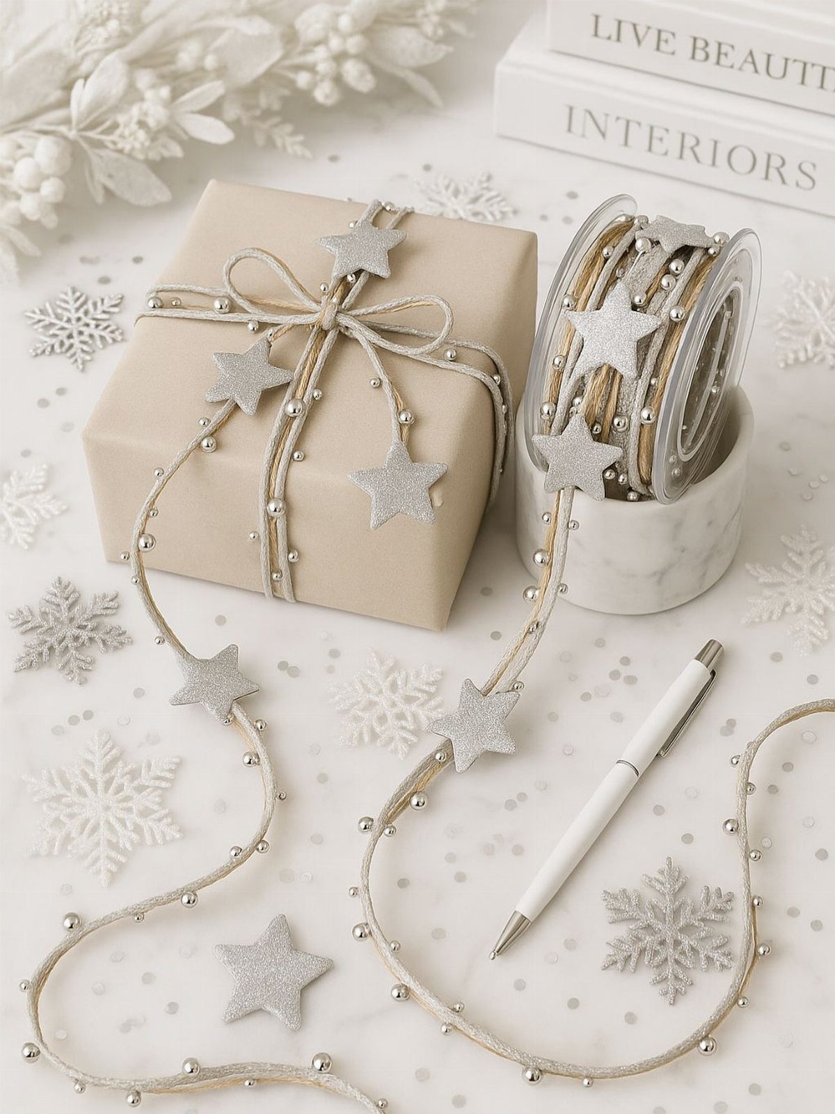 9 Christmas Gift Ribbon Ideas for Pretty Wrapped Presents 6 Beige gift box wrapped with star-studded silver ribbon and snowflake decorations.