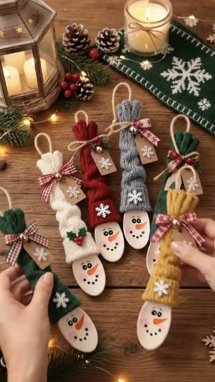 Handmade snowman ornaments with colorful knitted hats and wooden faces on wooden table