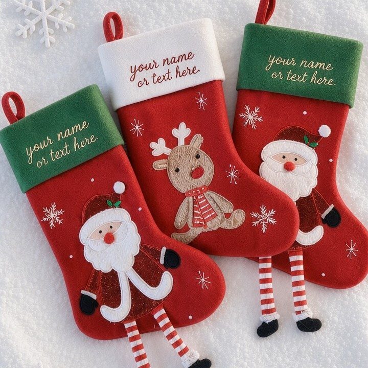 Three small red Christmas stockings with festive embroidery on a white snowy background.