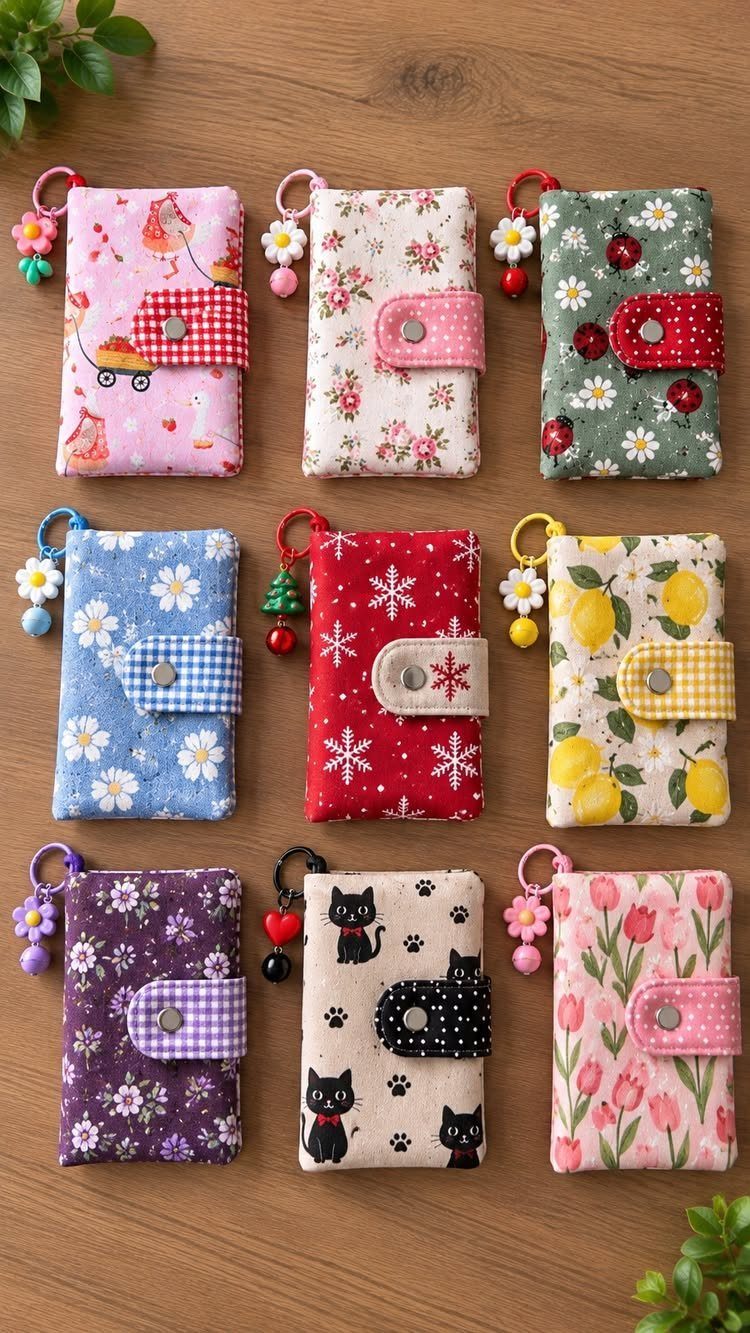 Nine colorful patterned fabric pouches with snap closures and charms on wood.