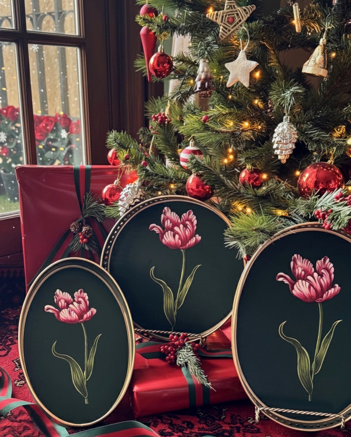 Three oval green serving trays with pink tulips under a decorated Christmas tree.