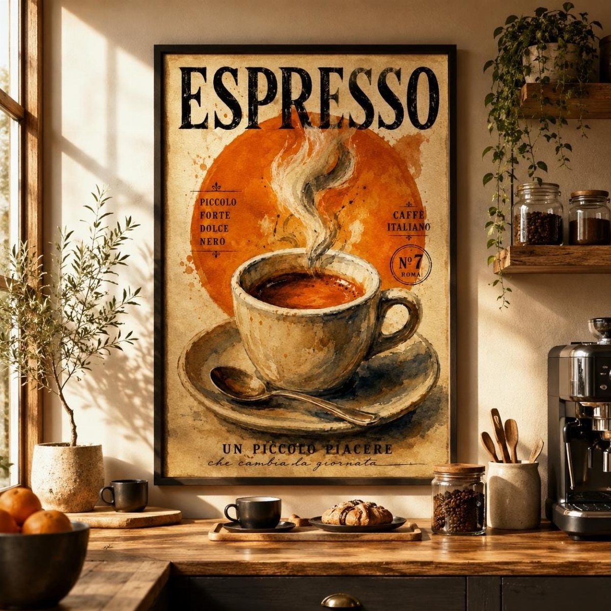 15 Coffee Drinker Gifts: Candles, Mugs, Roasters and More 11 Vintage espresso poster hanging on a kitchen wall above a wooden counter