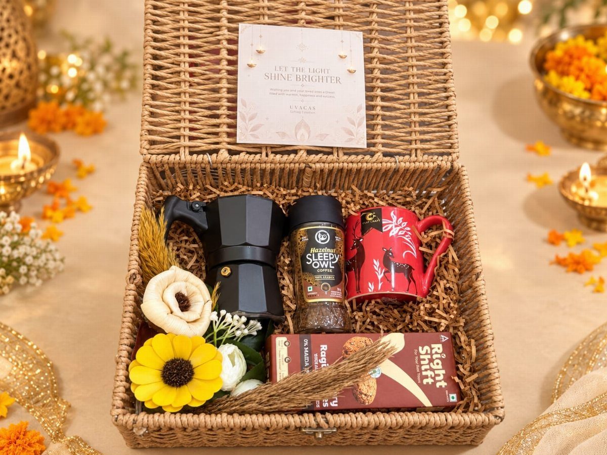 Woven gift basket with Moka pot, coffee jar, red mug, and yellow flowers.