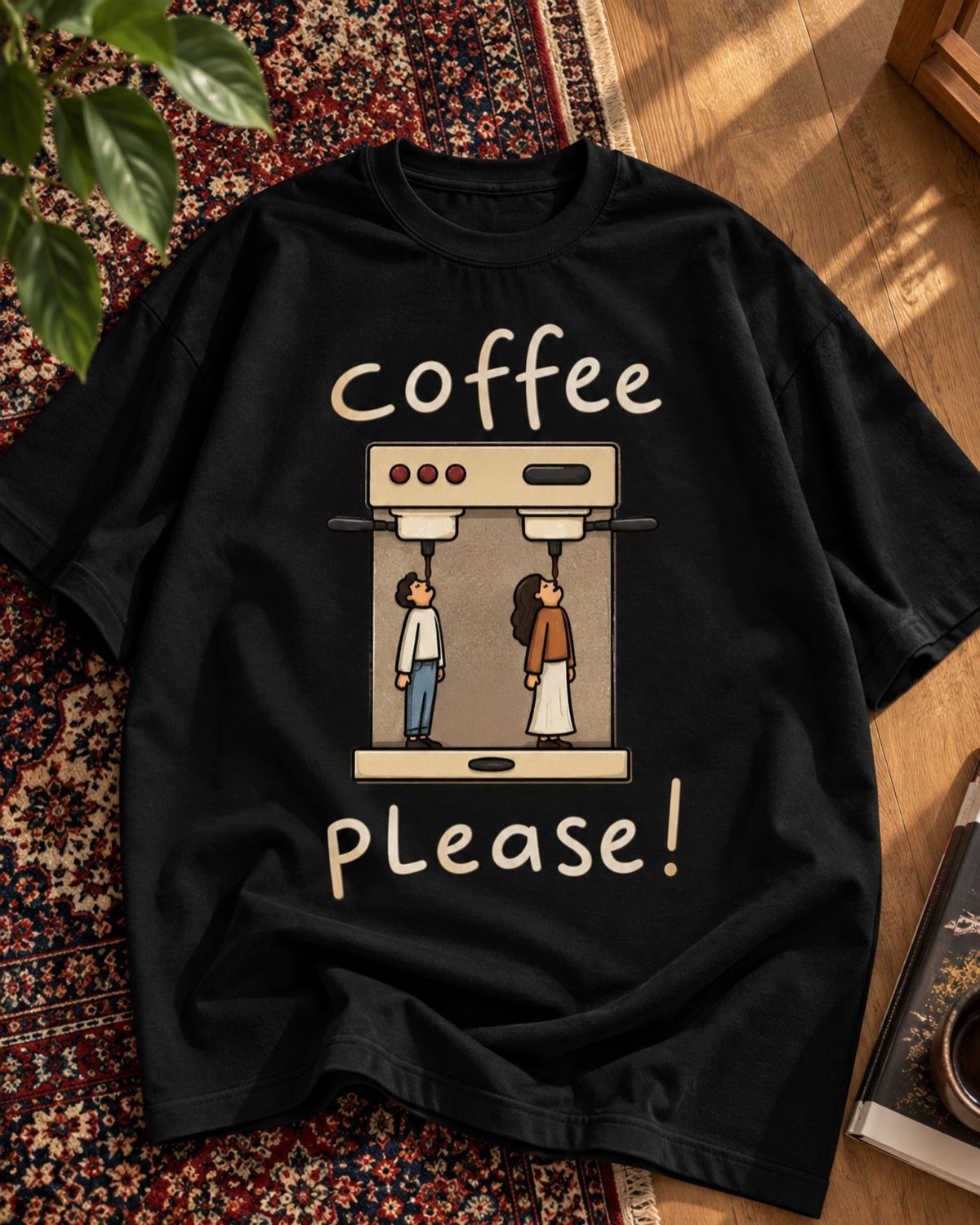 Black t-shirt with a coffee machine graphic and text on a red rug