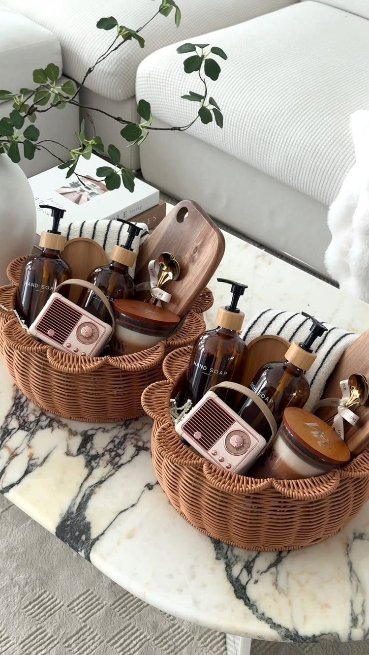 Comfort Gift Basket Ideas for Rough Days: 9 Picks 9 Two wicker gift baskets filled with spa products and a small pink radio.