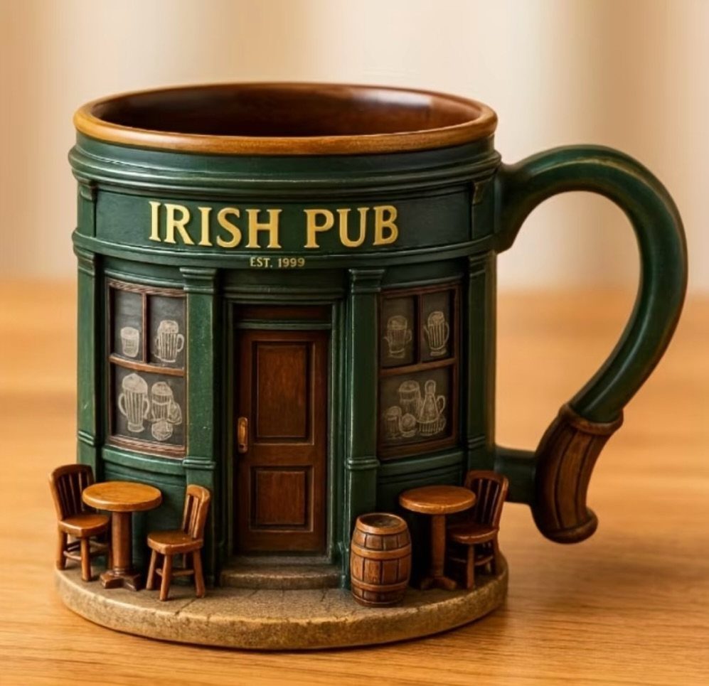 21 Cool Gifts for Adults: Practical Picks for 2026 9 Ceramic mug shaped like a green Irish Pub with miniature outdoor furniture.
