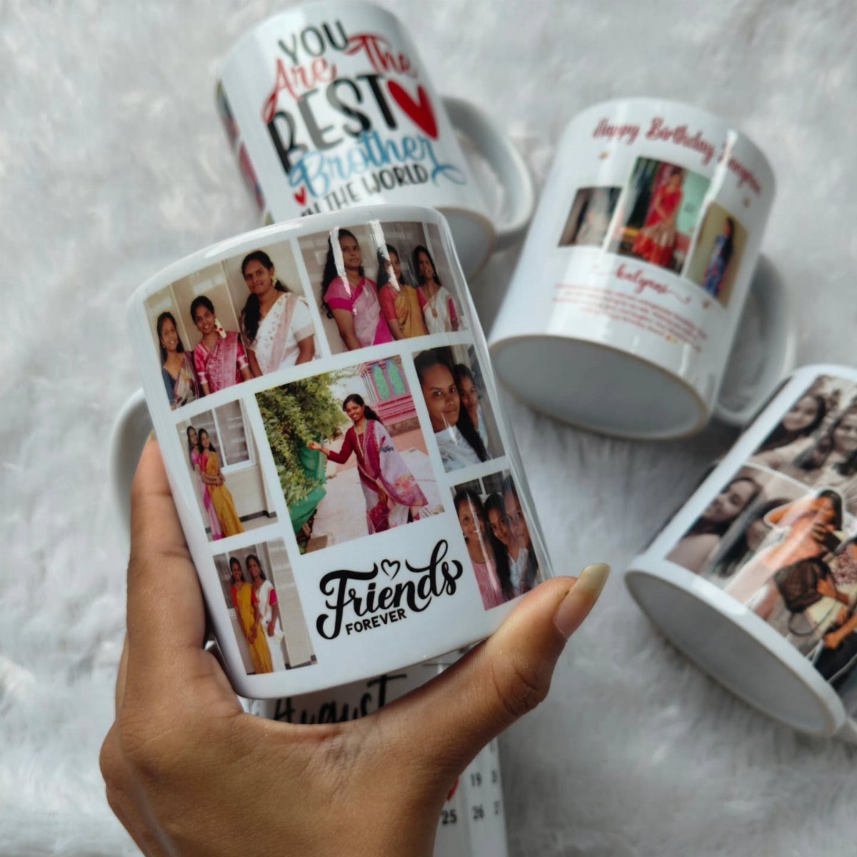 21 Cool Gifts for Adults: Practical Picks for 2026 19 Personalized white ceramic mugs with photo collages and text on white fluffy fabric