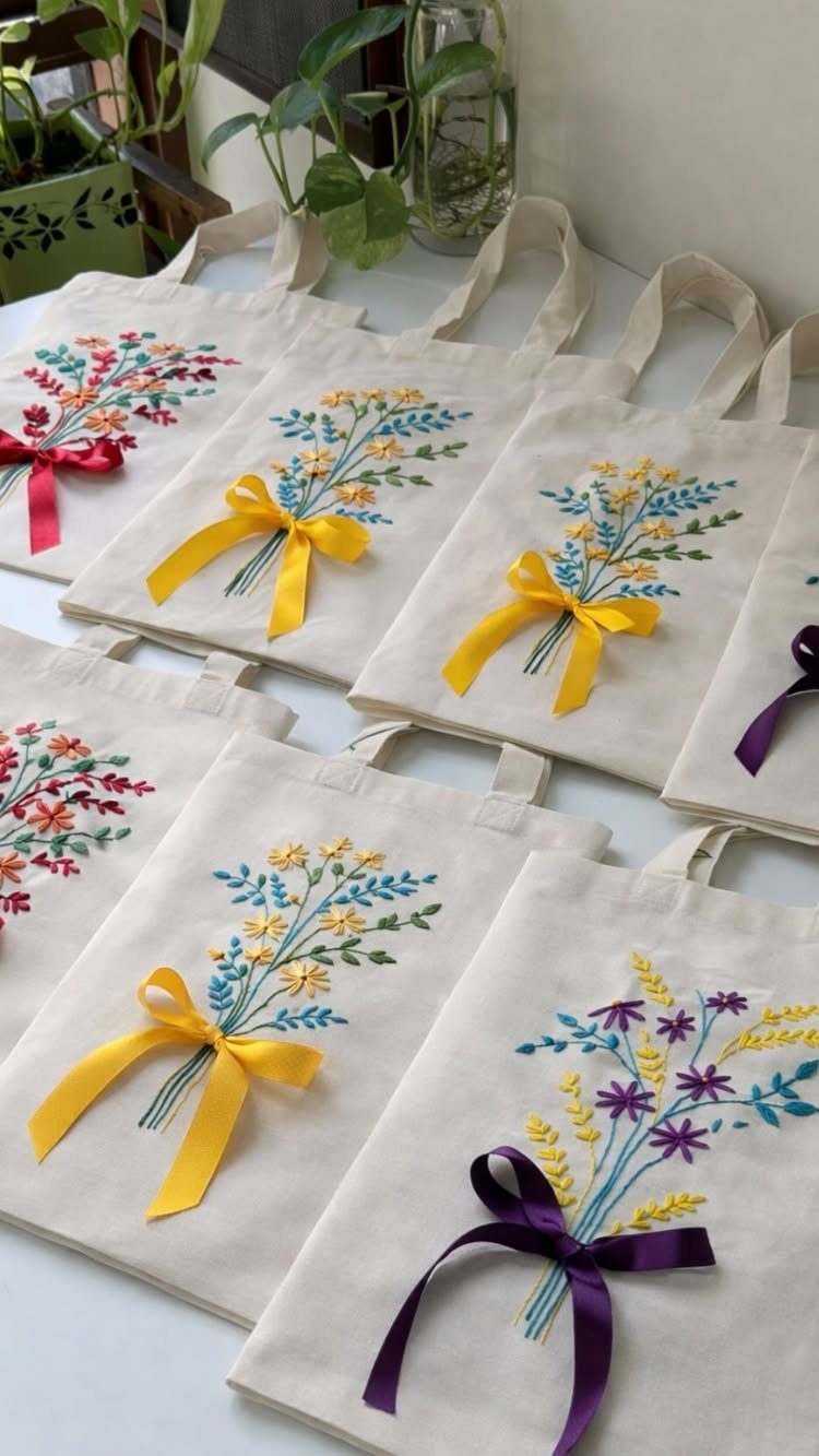 21 Cool Gifts for Adults: Practical Picks for 2026 6 Cream canvas tote bags with colorful embroidered flowers and satin ribbon bows.