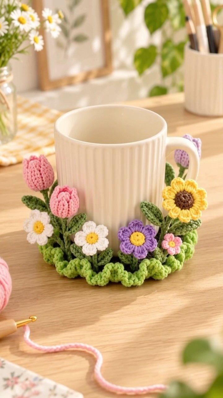 White ceramic mug on a green crochet coaster with colorful crochet flowers.