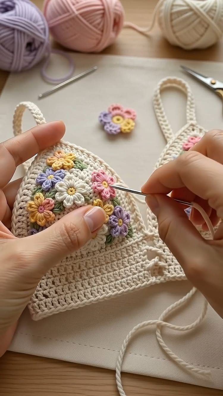 Hands sewing colorful crochet flower appliqués onto a cream crochet top with yarn.