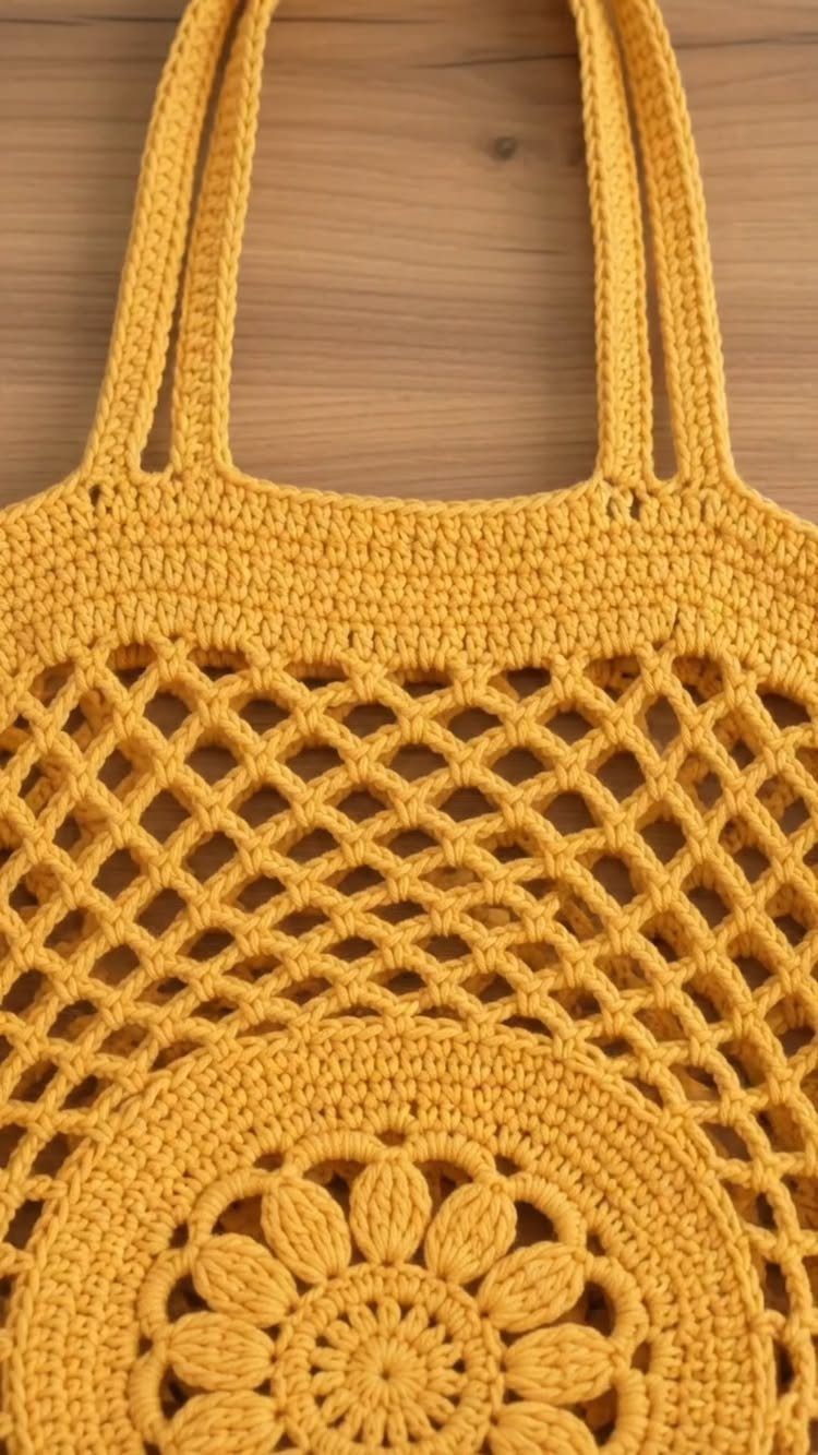 Yellow crochet market tote bag with a mesh pattern and floral design.