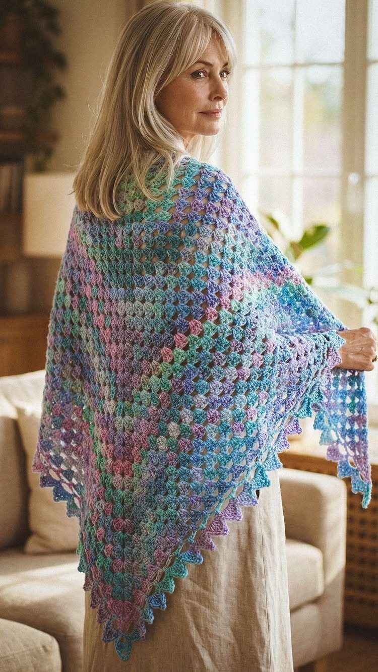 Woman wearing a colorful crochet shawl with blue, purple, and green yarn patterns.