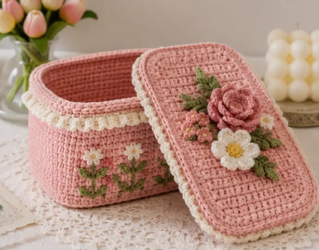 Pink crocheted trinket box with floral embroidery and a 3D rose on the lid.