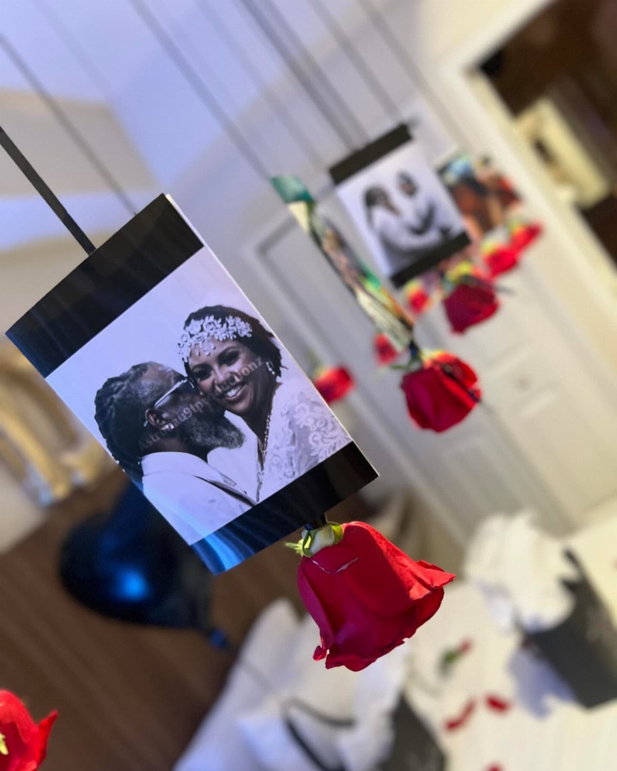 Hanging photos of a couple paired with red roses as a romantic gift.