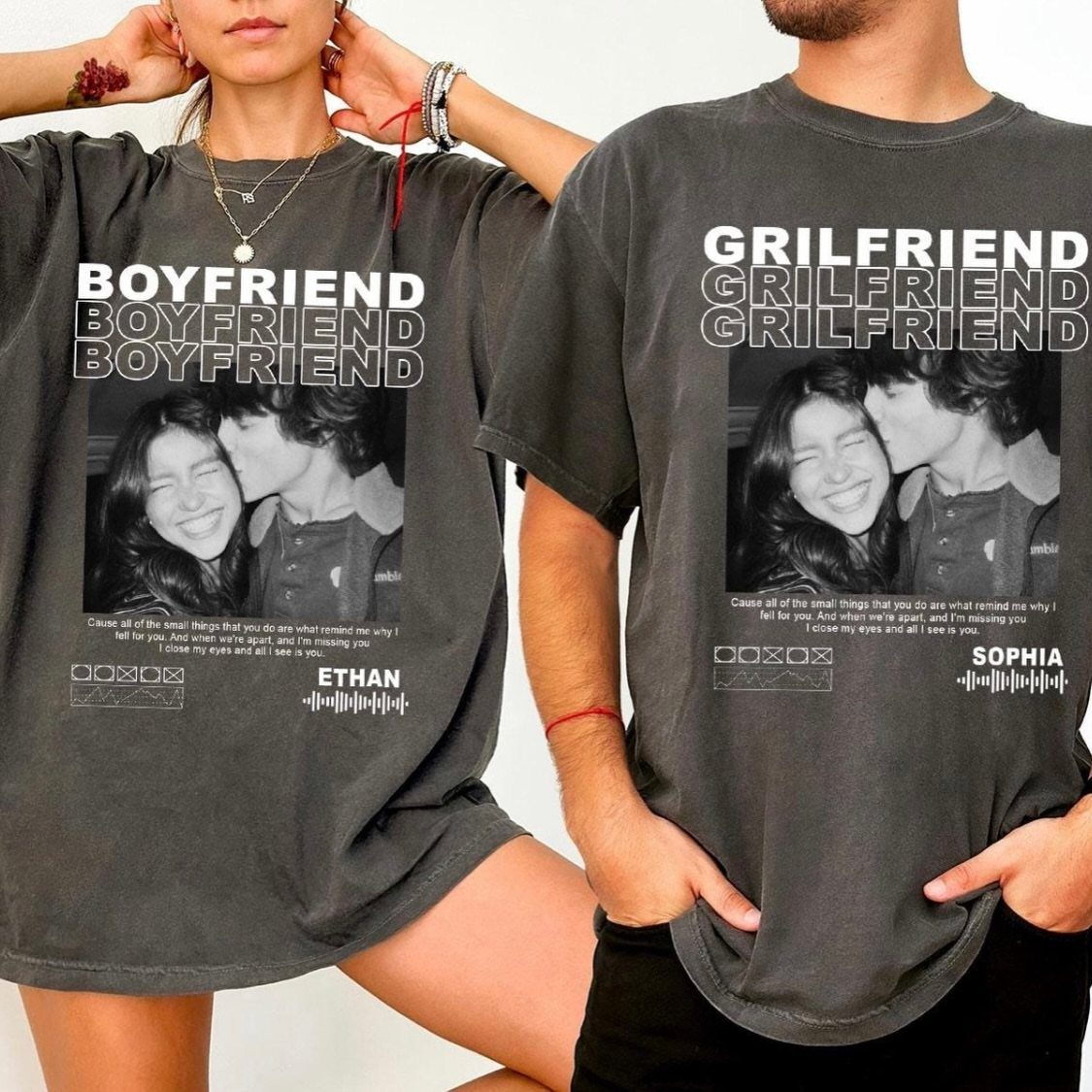 Couple wearing matching custom charcoal t-shirts featuring their photo and names.