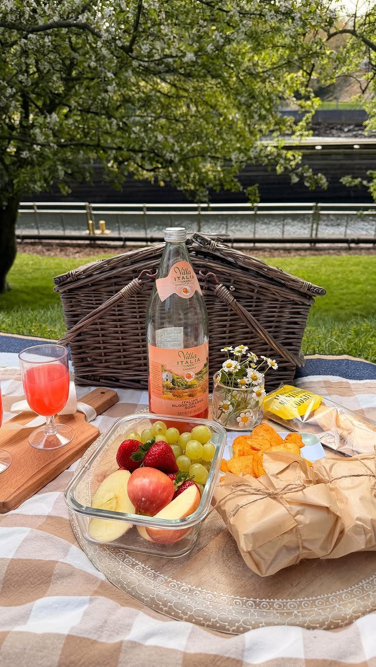 Wicker picnic basket and fresh food spread on a checkered blanket outdoors.