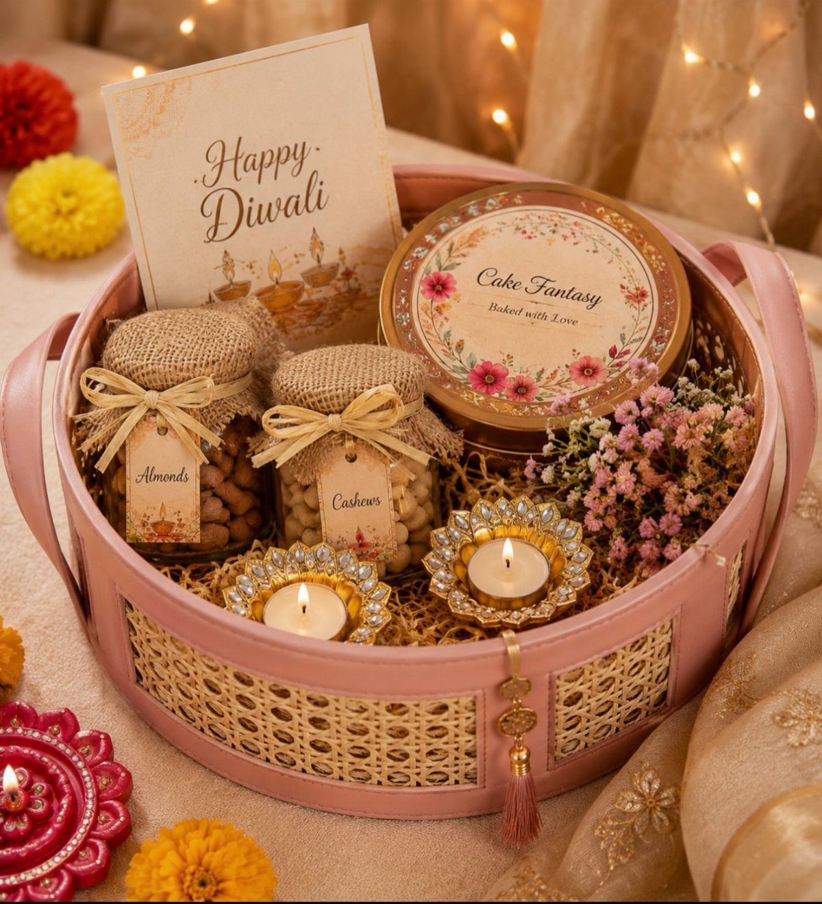 Diwali Gift Hampers: 8 Ideas for Sweets, Dry Fruit & More 8 Diwali gift hamper in a pink basket with nuts, sweets, and lit diyas.