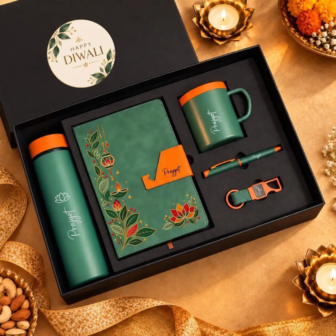 Diwali Gift Hampers: 8 Ideas for Sweets, Dry Fruit & More 4 Personalized green gift set with notebook and mug in a black Diwali box.
