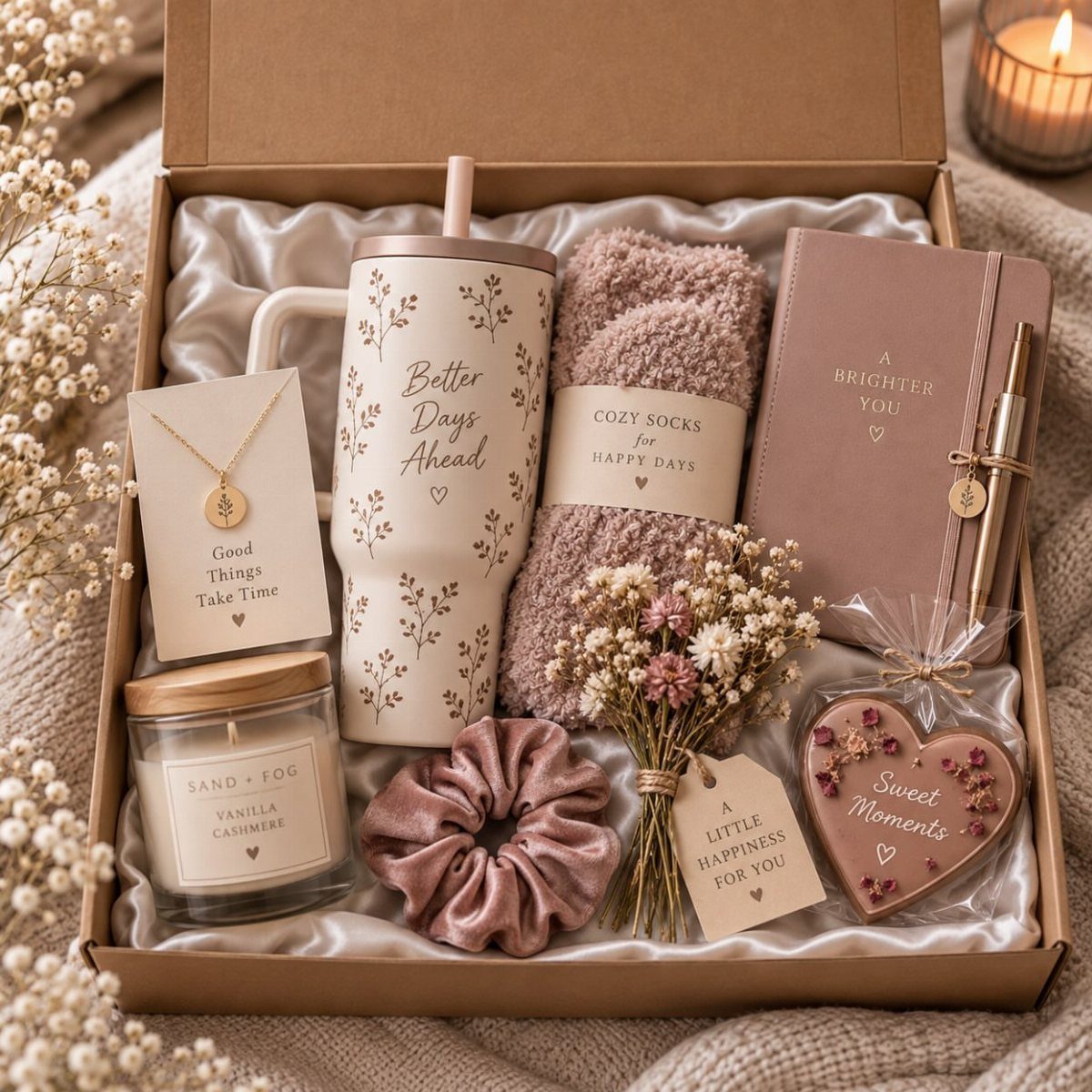 Gift box containing a tumbler, candle, journal, and socks in soft pink tones.