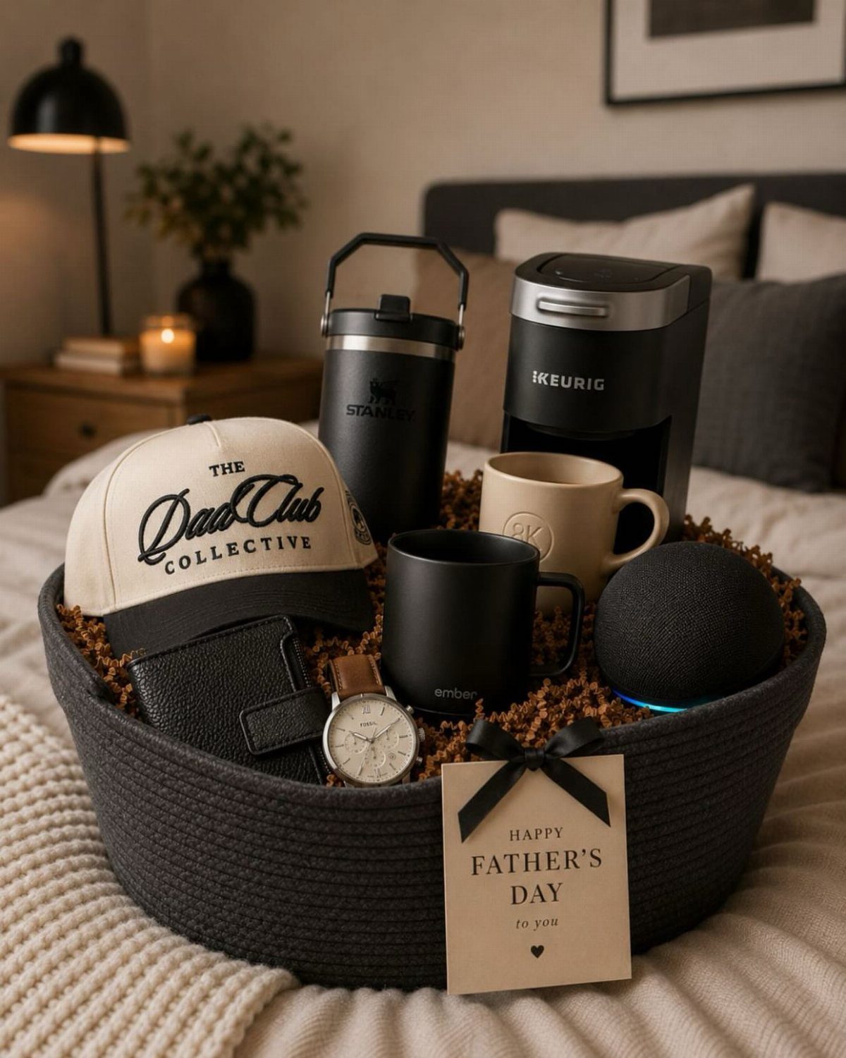 8 Fathers Day Gift Basket Ideas for Every Kind of Dad 5 Father's Day gift basket with coffee maker, mugs, cap, and electronic gadgets.