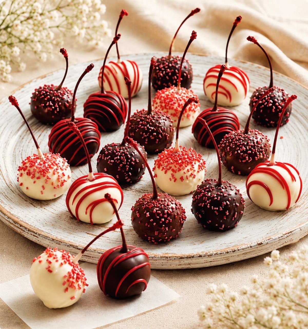 Chocolate-covered cherries with red sprinkles and drizzles on a white wooden platter.