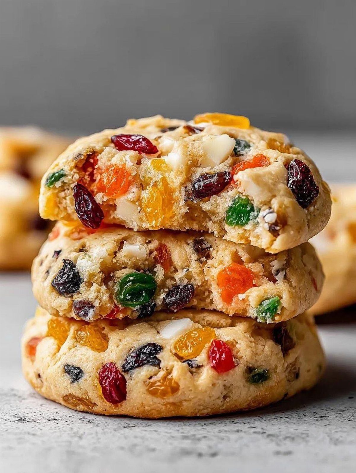 Stack of three fruitcake cookies filled with colorful candied fruits and raisins.