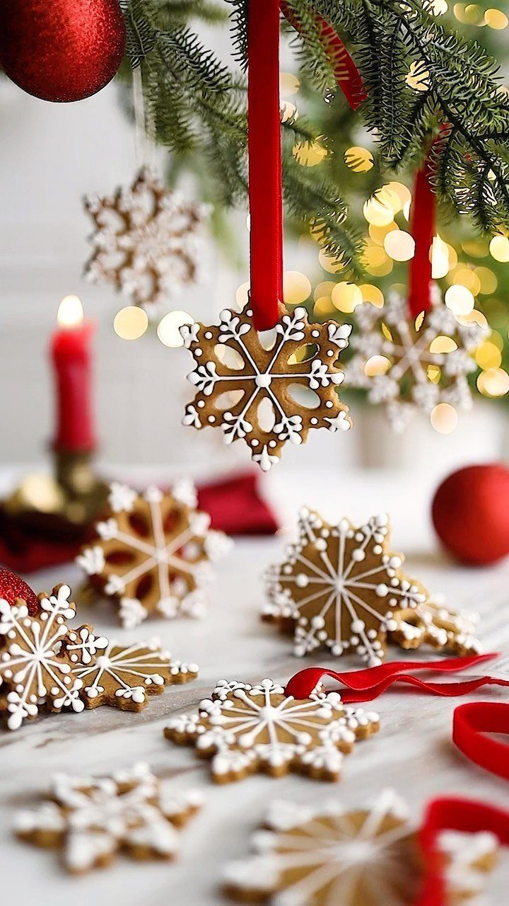 Snowflake gingerbread cookies with white icing hanging from a Christmas tree with red ribbons.