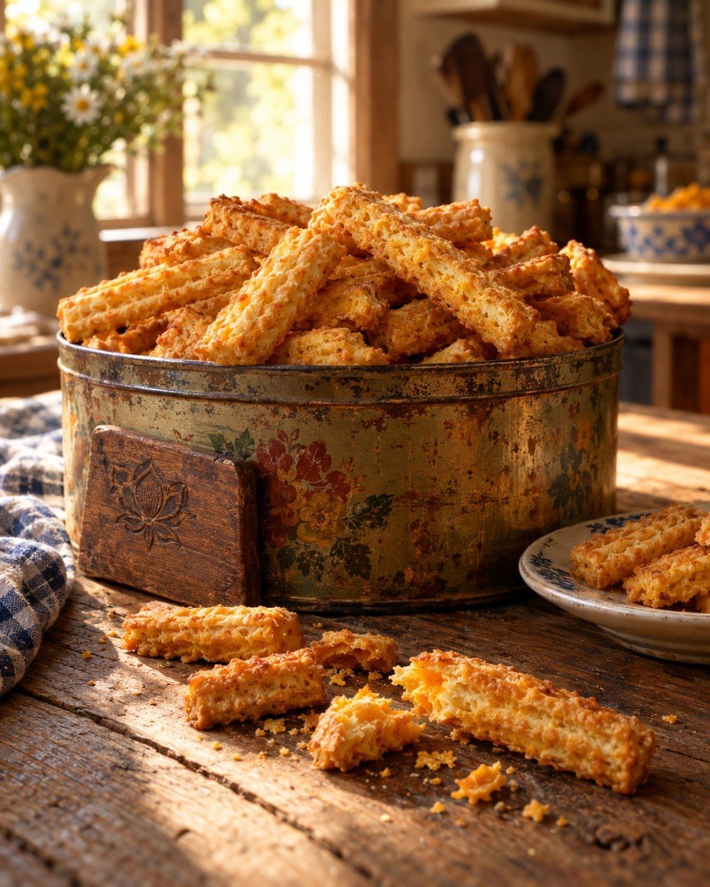 Golden-brown ridged cheese straws overflowing from a rustic metal container on wooden table.