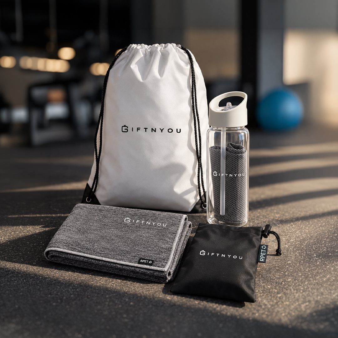 Fitness kit with white drawstring bag, water bottle, and grey towel on gym floor