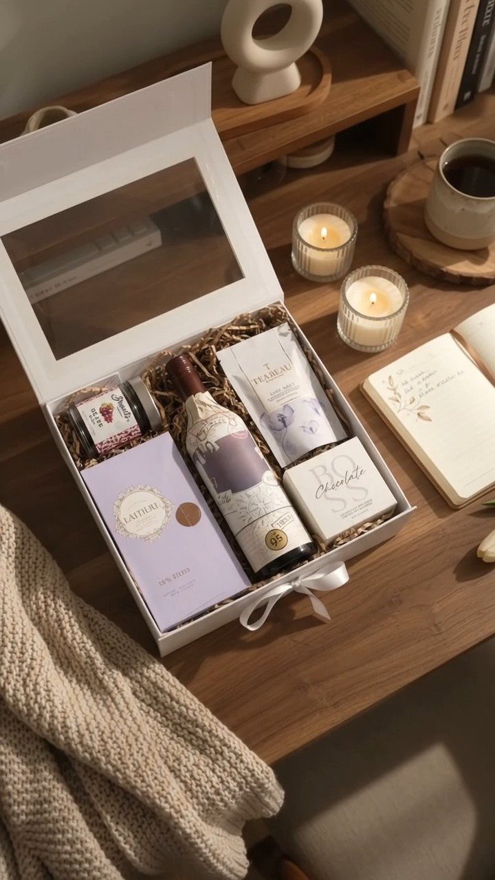 Gourmet gift box with wine, chocolates, and treats on a wooden table