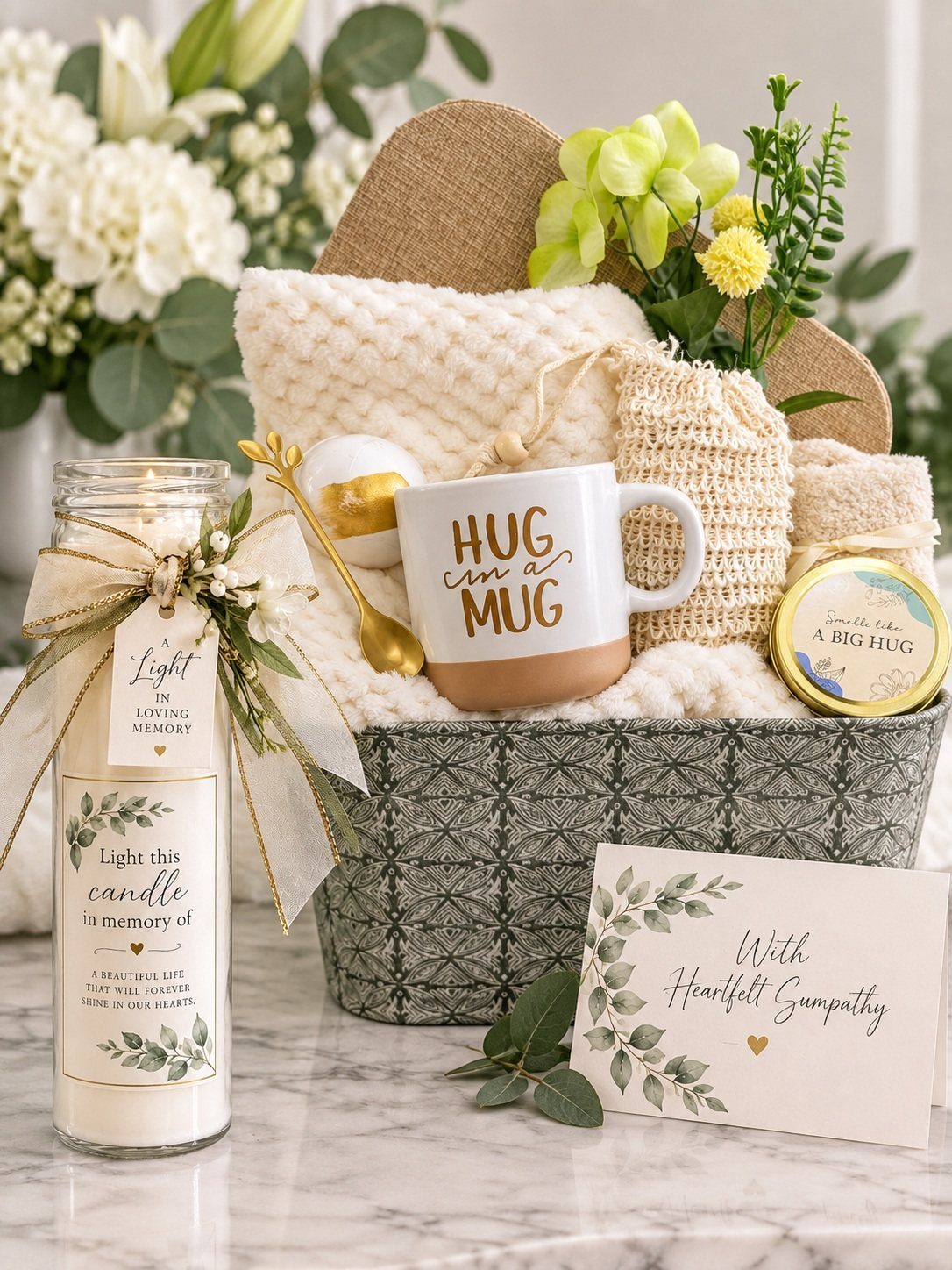 Sympathy gift basket with a hug mug, candle, knit blanket, and heartfelt card.
