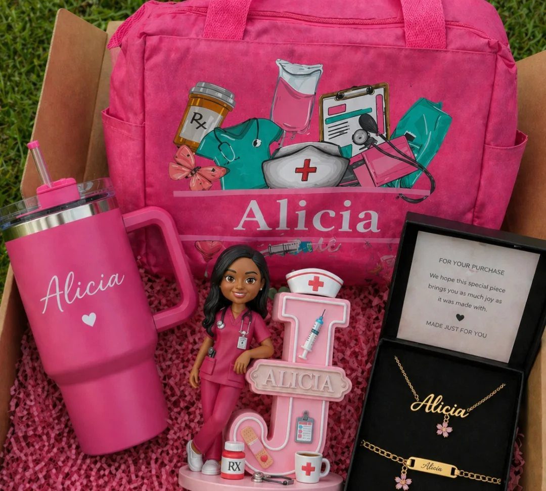 Personalized pink nurse gift set with Alicia name on bag, tumbler, and jewelry.