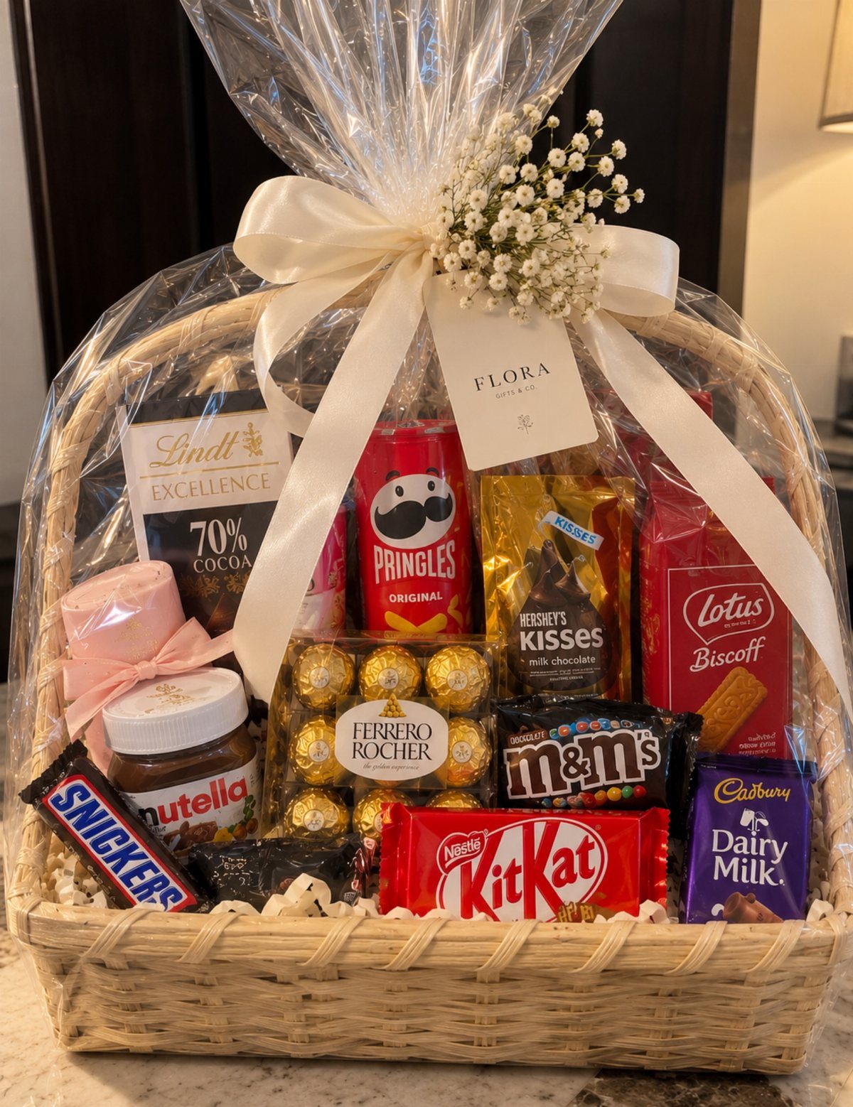 Gift Basket Ideas for Staff: 8 Picks From Wine to Coffee 1 Wicker gift basket filled with assorted chocolates and snacks wrapped in clear cellophane.