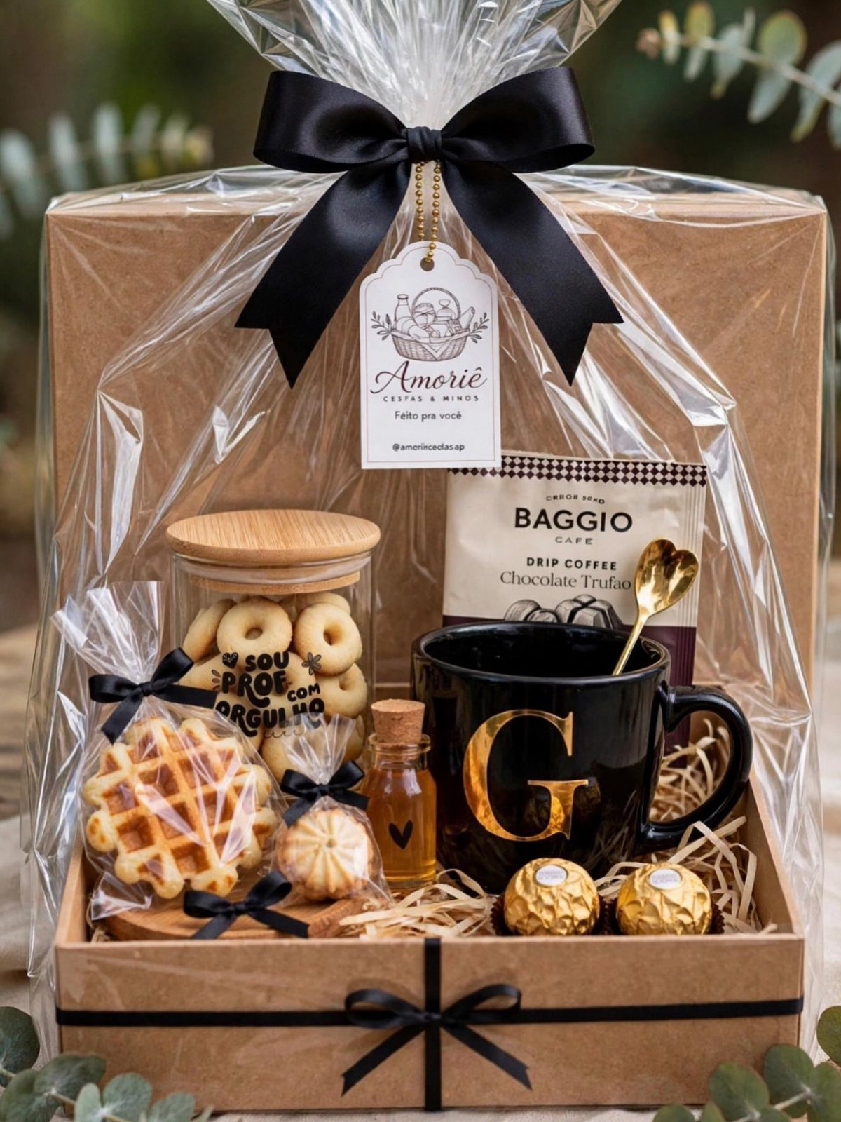 Gift Basket Ideas for Staff: 8 Picks From Wine to Coffee 6 Coffee break gift basket with a black mug, drip coffee, and sweet treats.