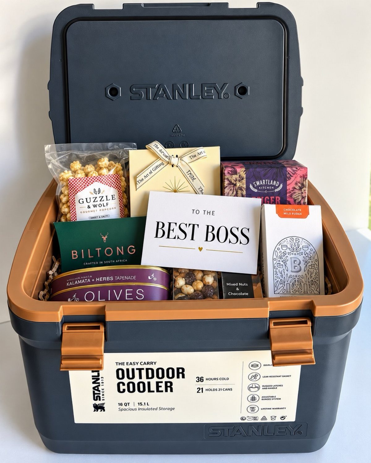 Gift Basket Ideas for Staff: 8 Picks From Wine to Coffee 7 Grey Stanley outdoor cooler bag filled with gourmet snacks and a boss gift card.