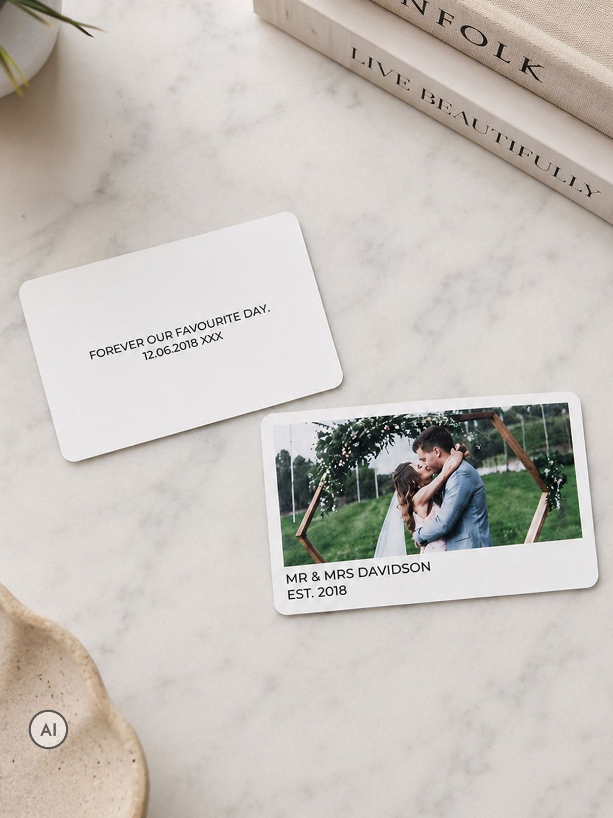 Two white gift cards, one featuring a wedding photo and personalized text.